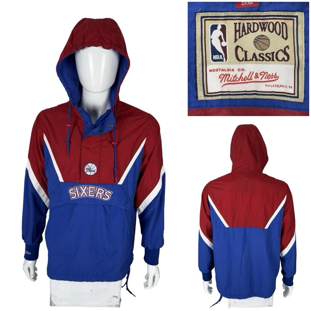 Philadelphia 76ers Jacket Mens Small Blue Red NBA Mitchell & Ness Hardwood EUC